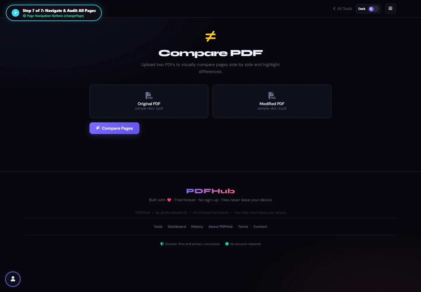 Compare PDF page navigation audit
