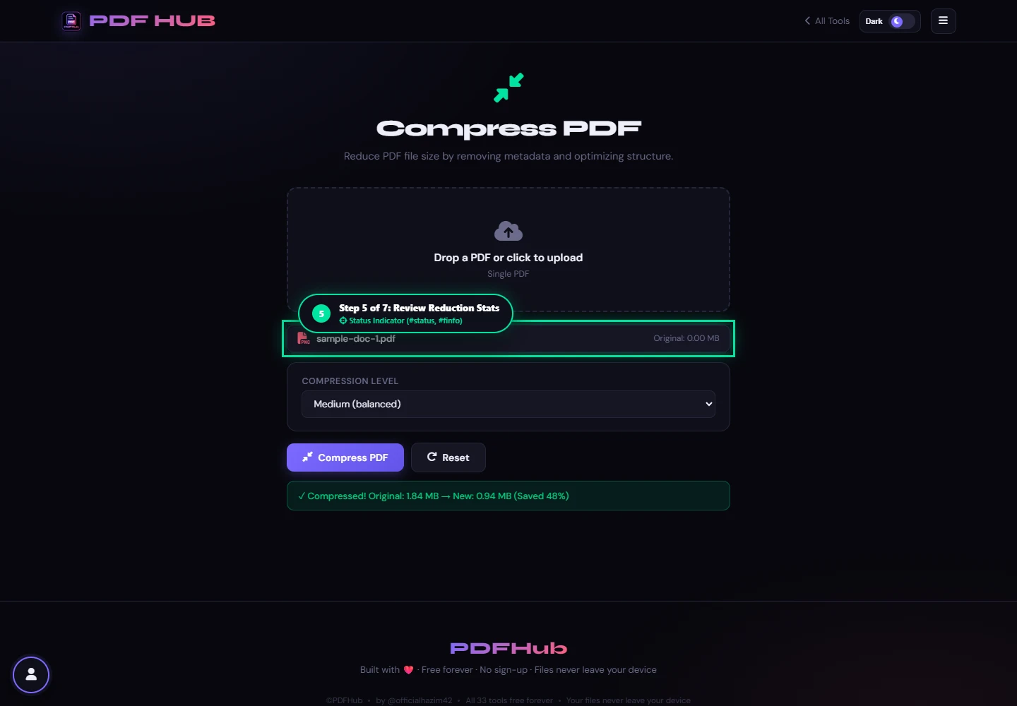 Compress PDF reduction statistics and savings