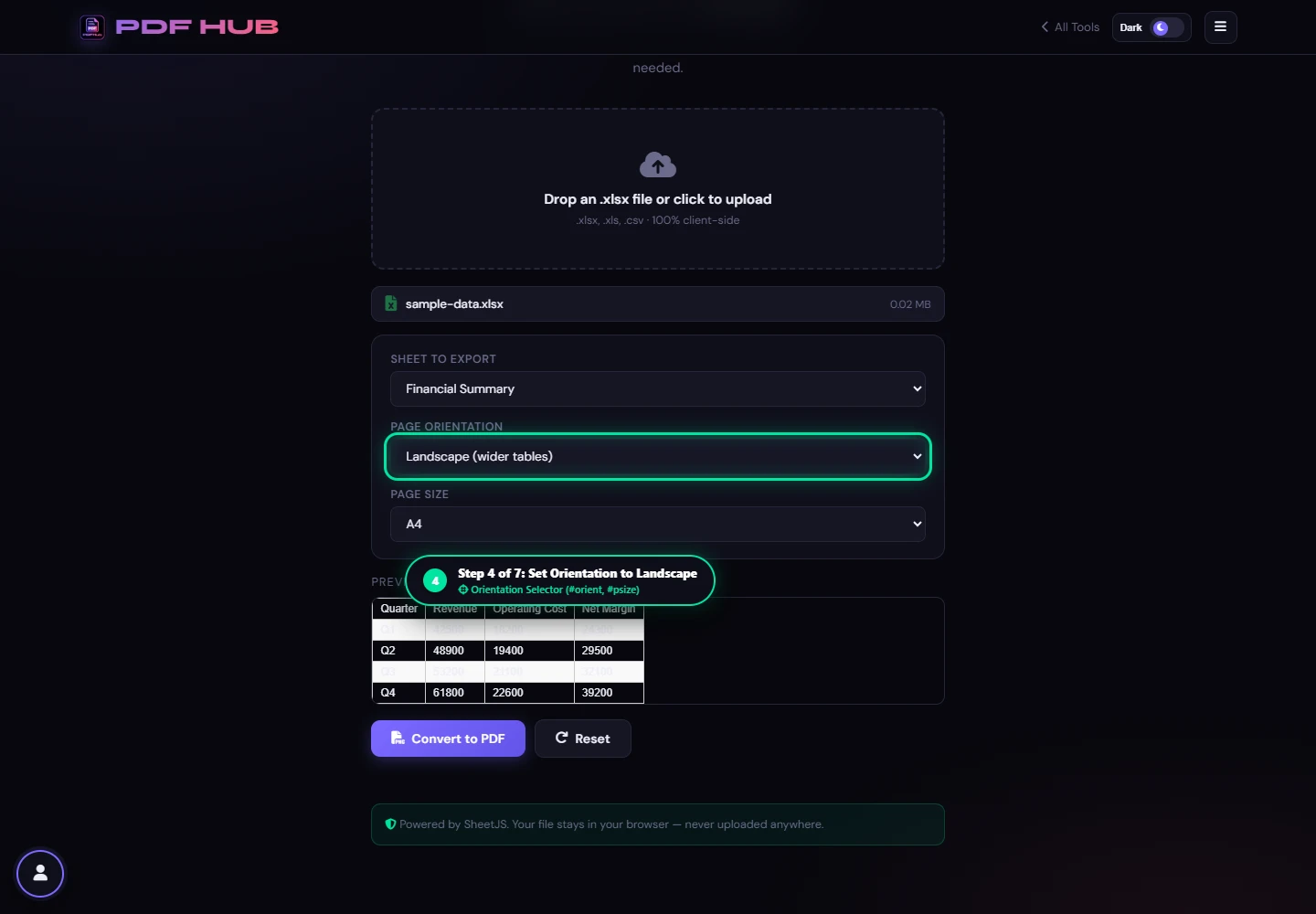 Excel to PDF landscape orientation option