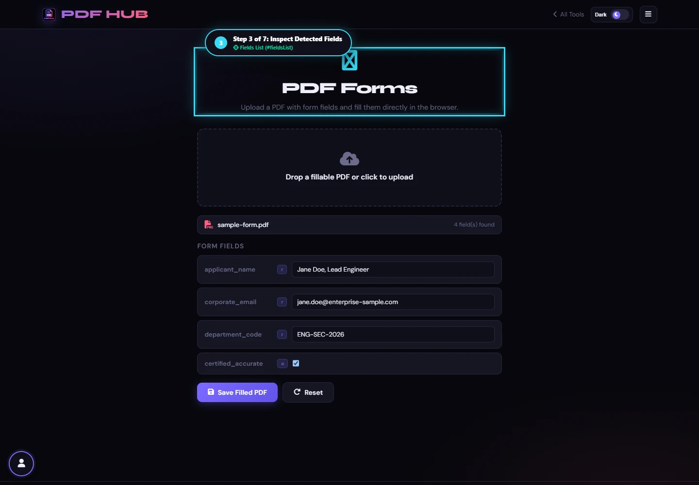 PDF Forms list of detected interactive fields