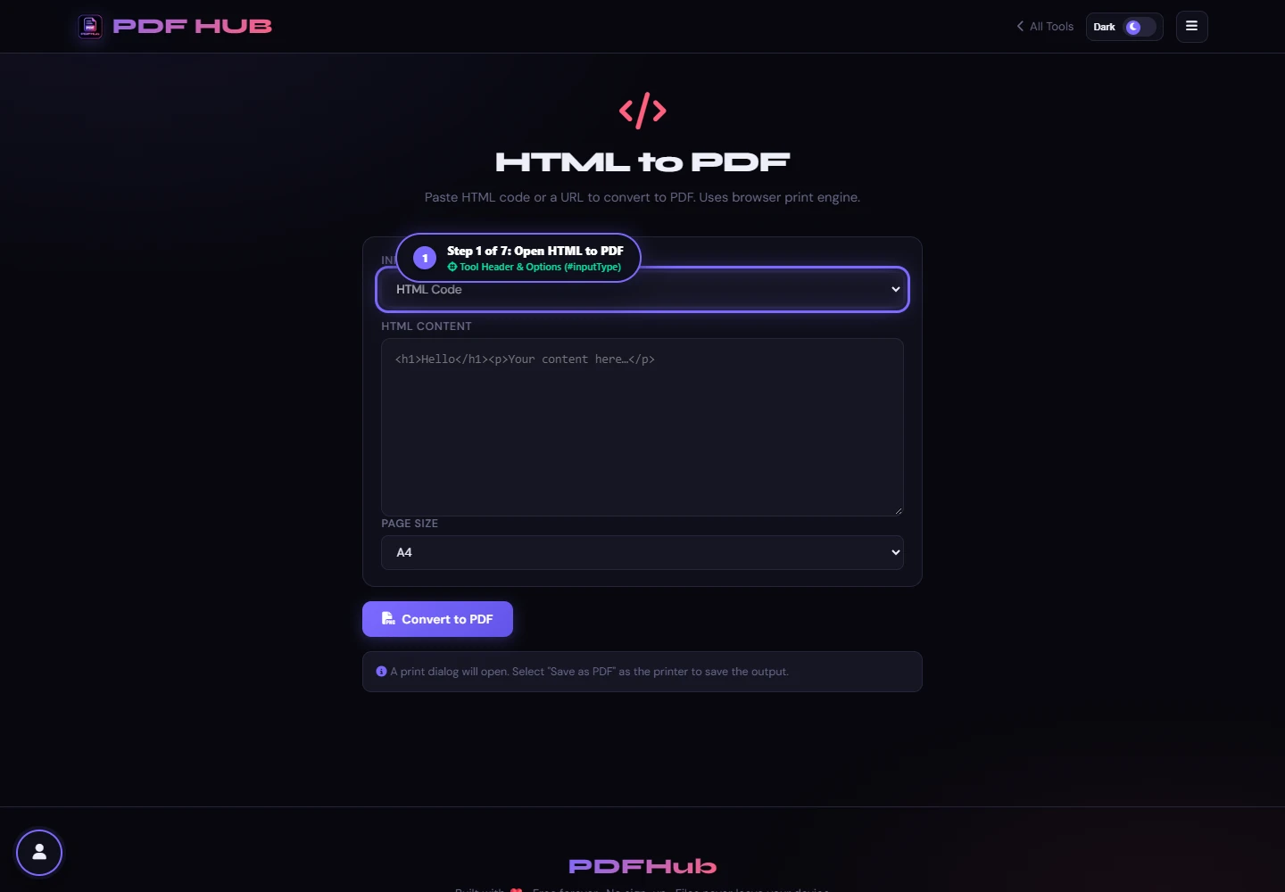 HTML to PDF landing screen