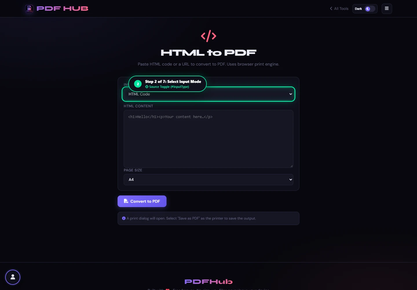 HTML to PDF mode selector