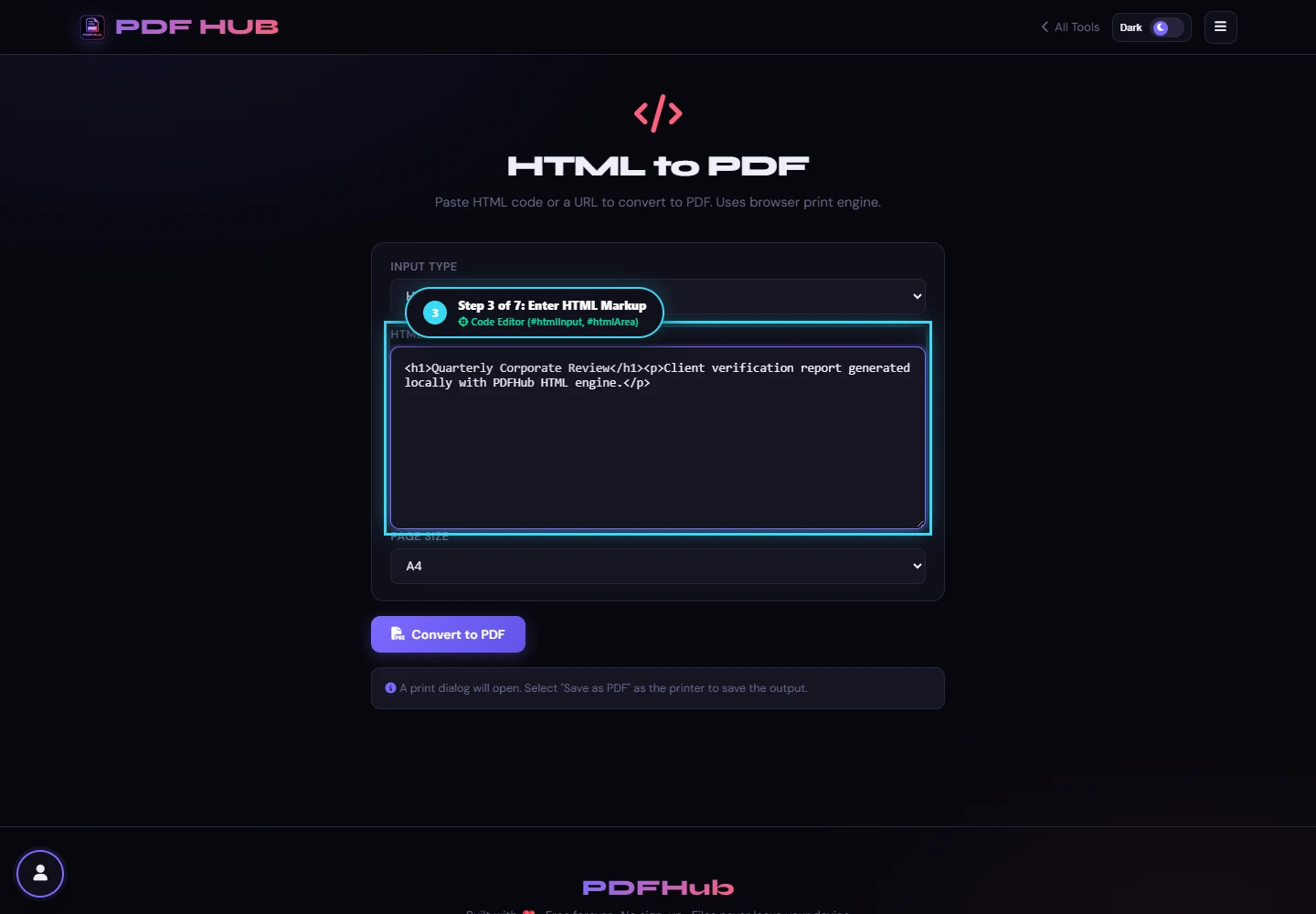 HTML to PDF code input area