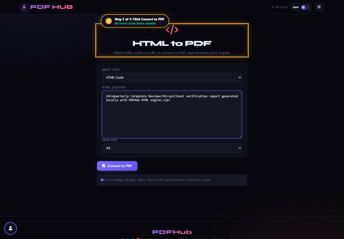 HTML to PDF convert action button