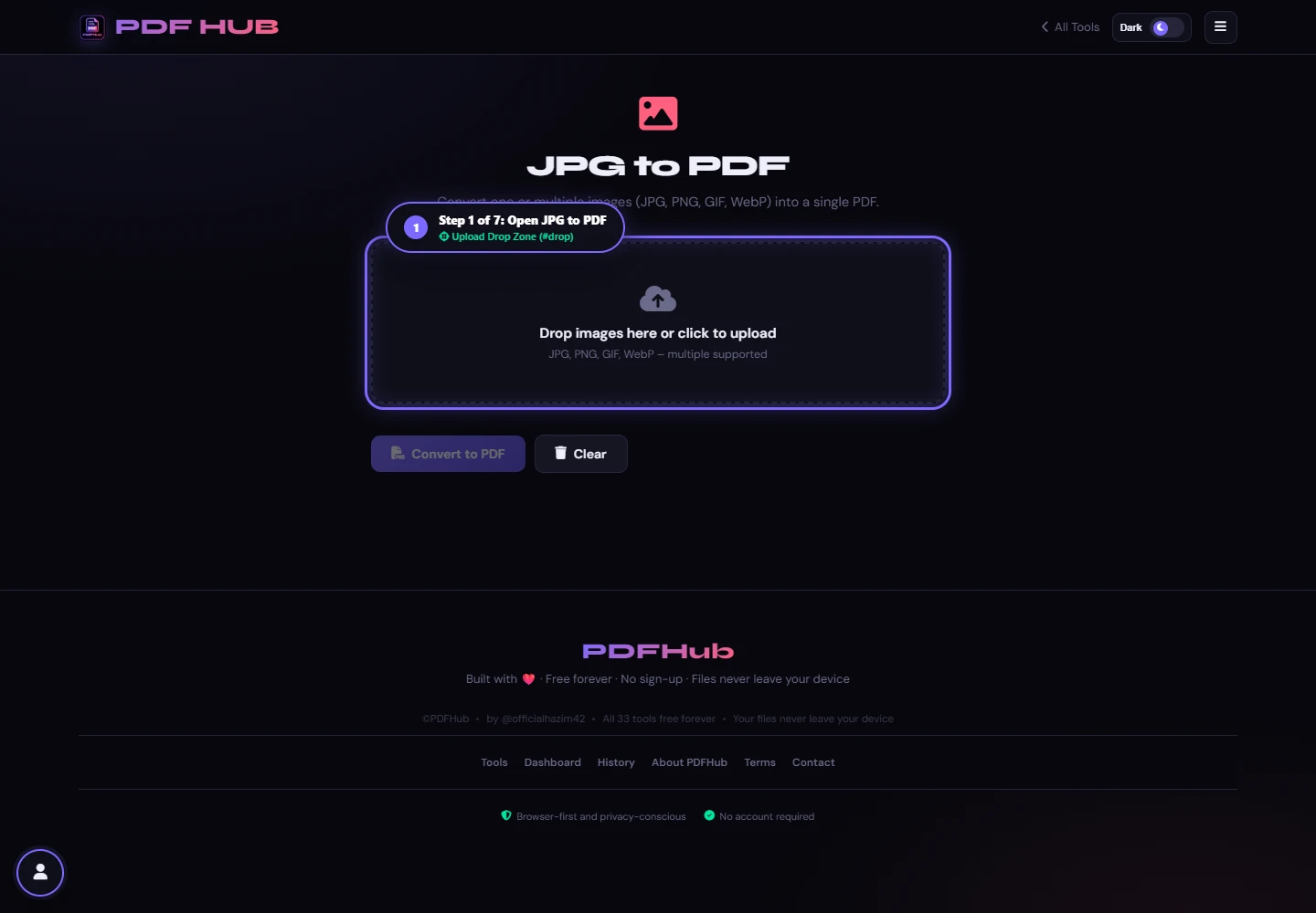 JPG to PDF landing interface