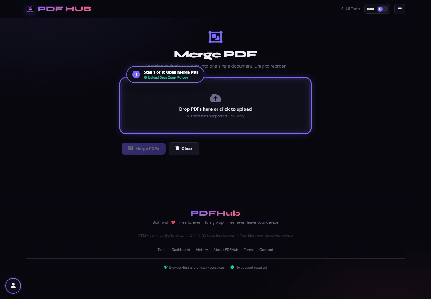 Merge PDF landing interface with empty drop zone