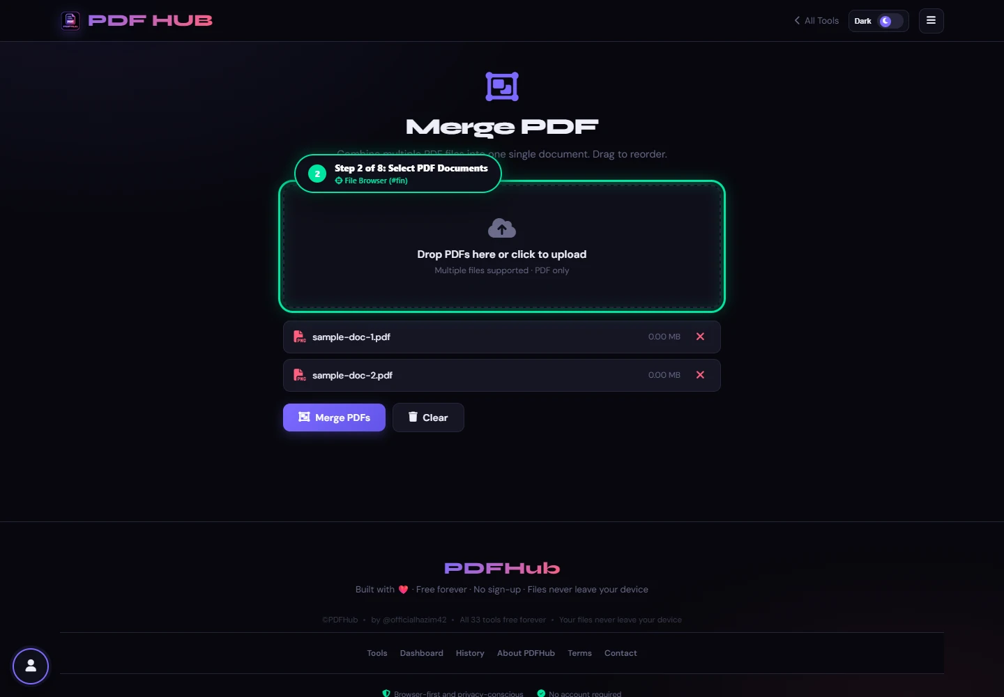Merge PDF file selection highlighting documents