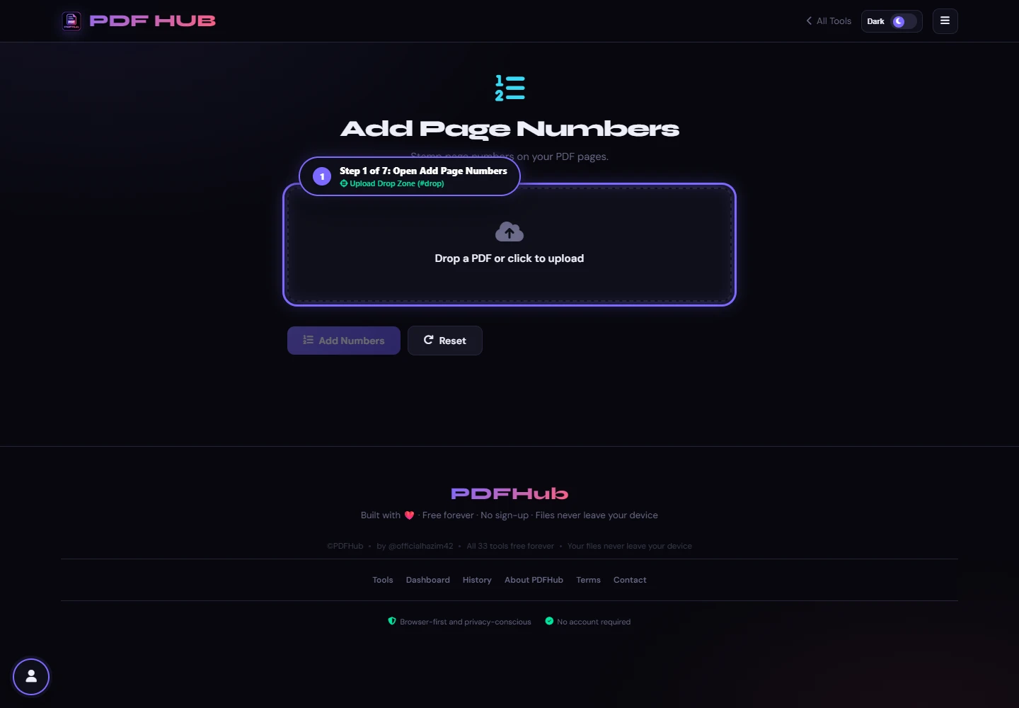 Add Page Numbers landing screen