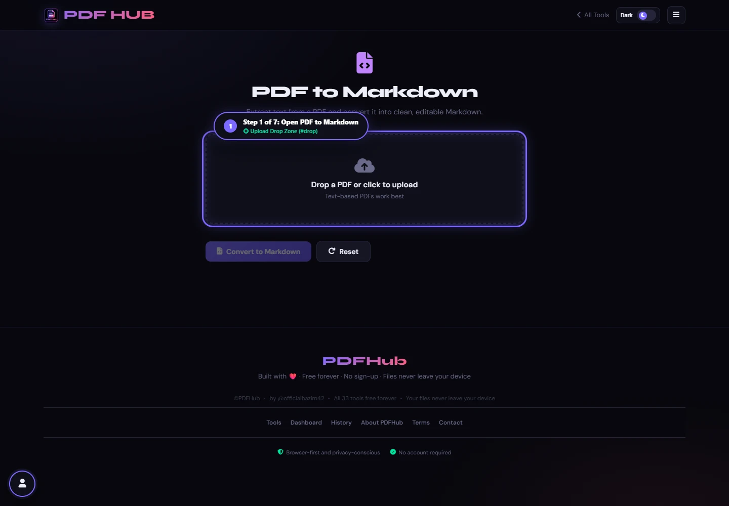 PDF to Markdown landing screen