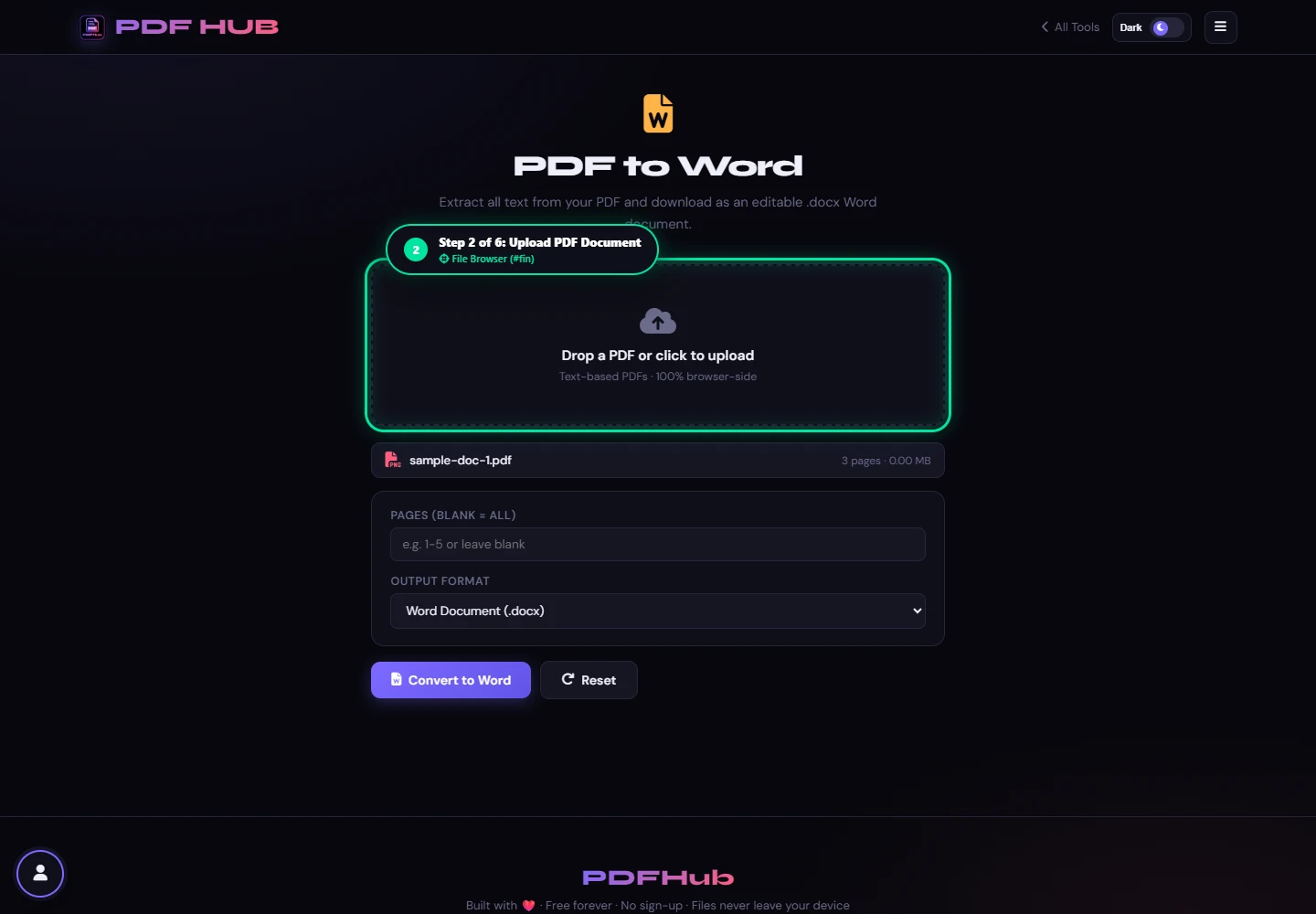 PDF to Word file uploaded
