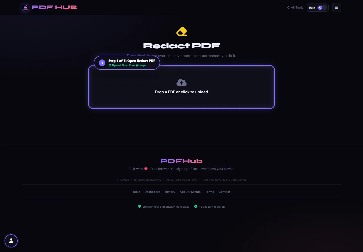 Redact PDF landing screen