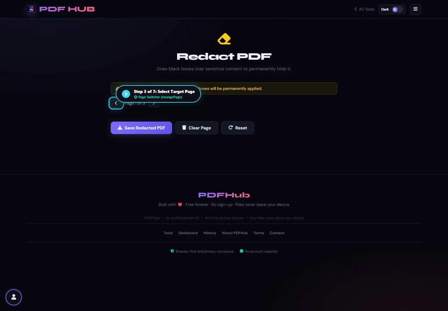 Redact PDF page selection