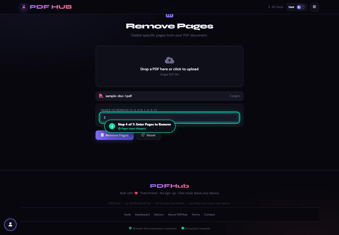 Remove Pages input field with page numbers entered
