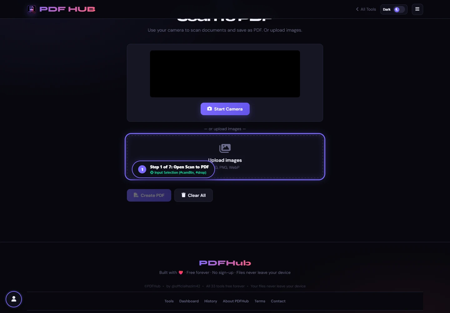 Scan to PDF camera and upload options