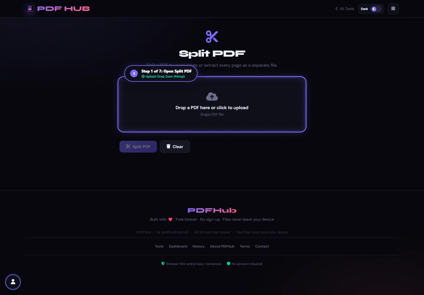 Split PDF landing screen