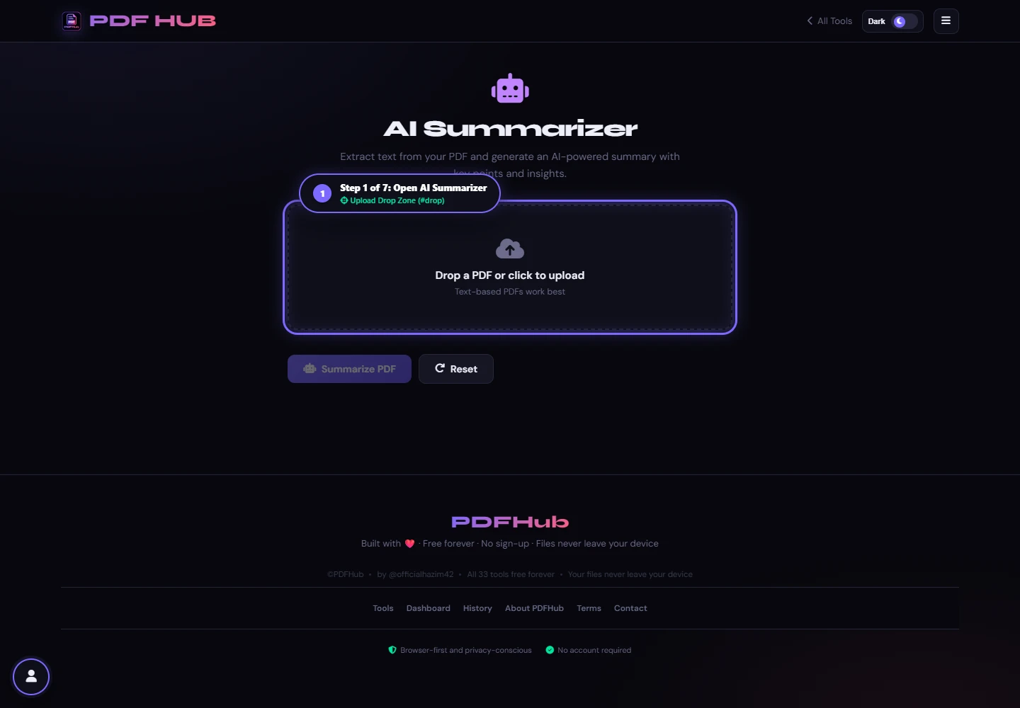 AI Summarizer landing interface