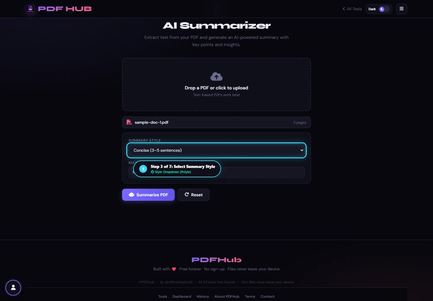 AI Summarizer style dropdown