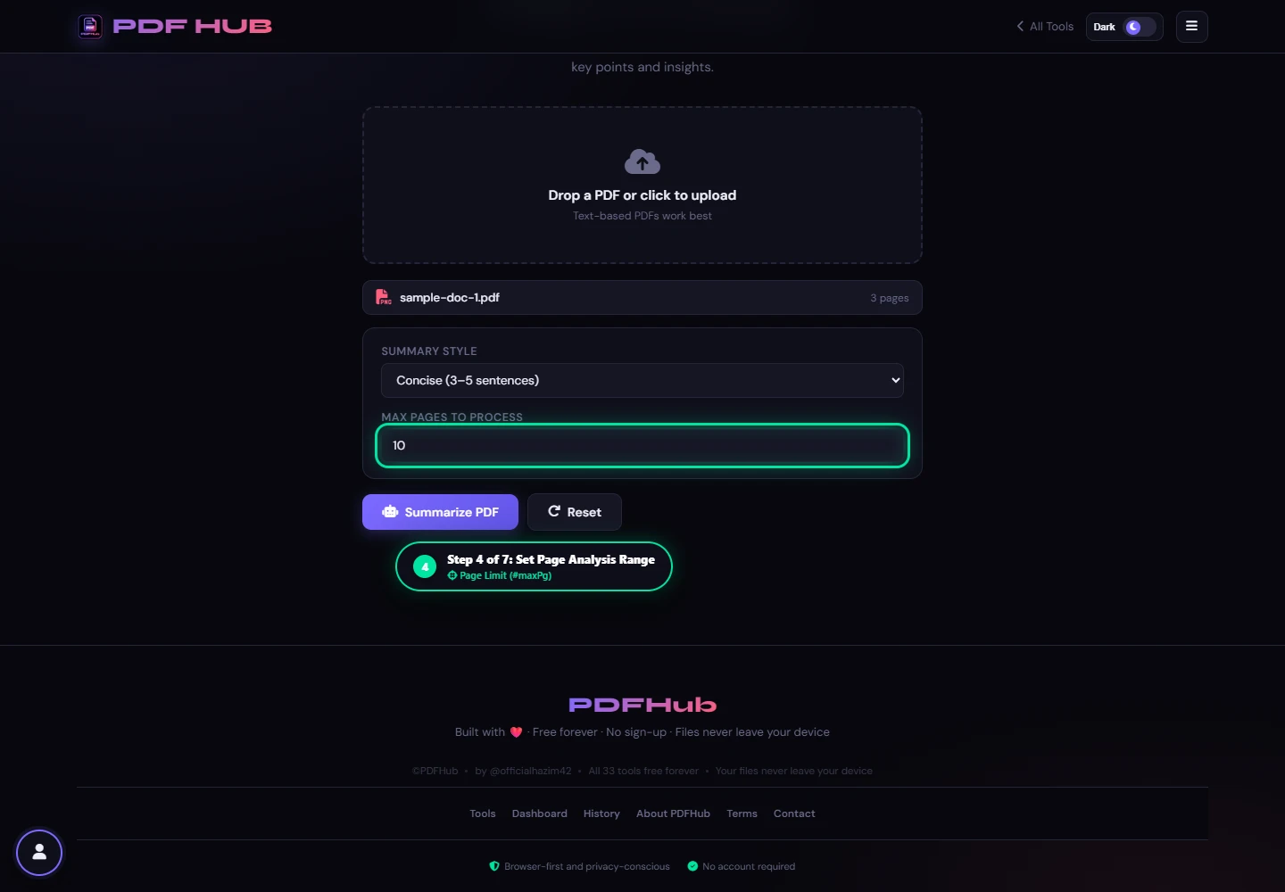 AI Summarizer page range setting