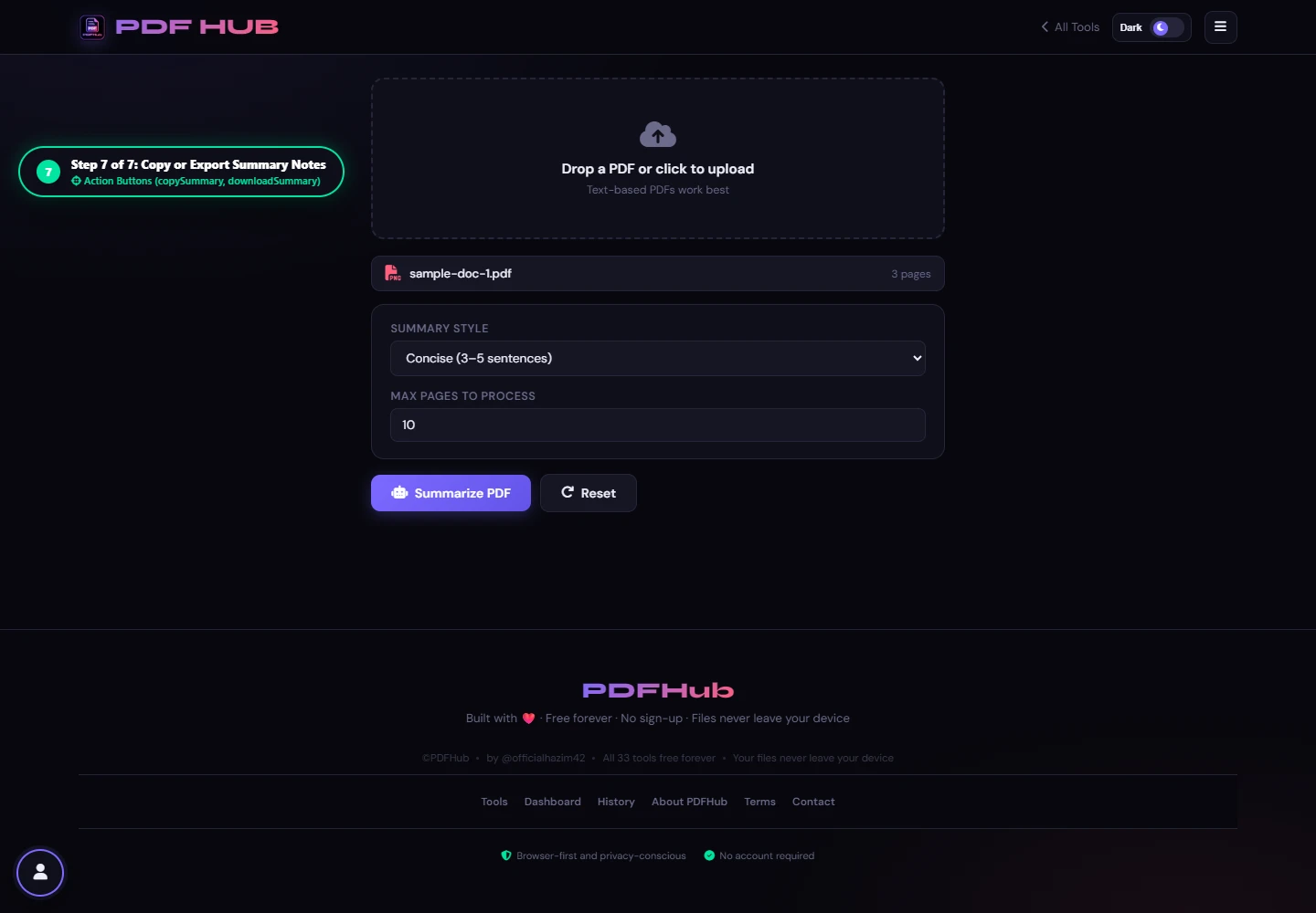 AI Summarizer copy and download buttons