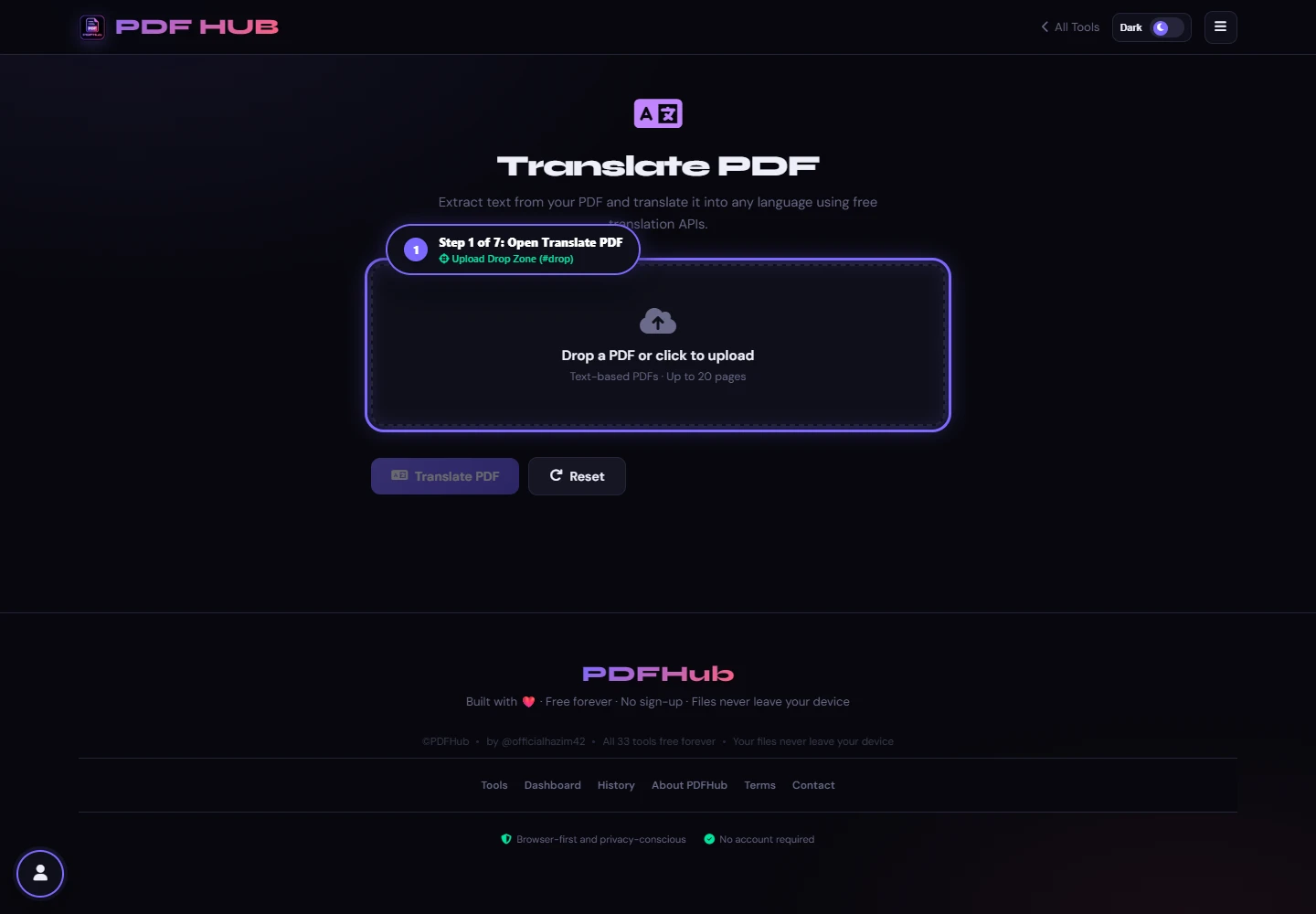 Translate PDF landing screen