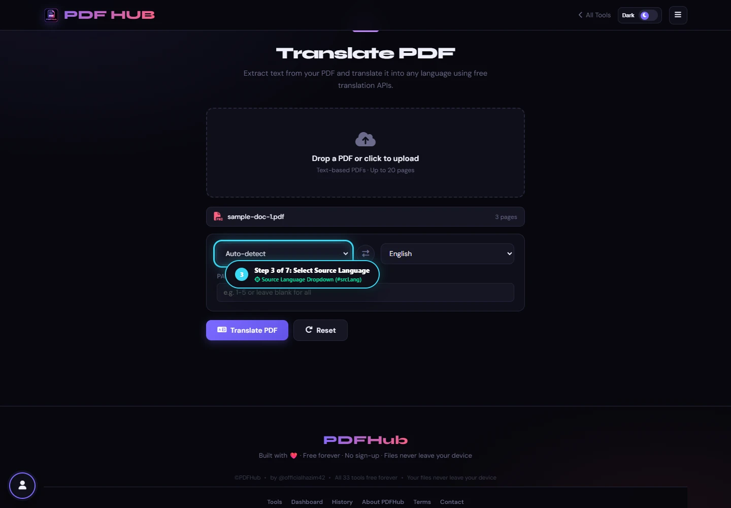 Translate PDF source language selector
