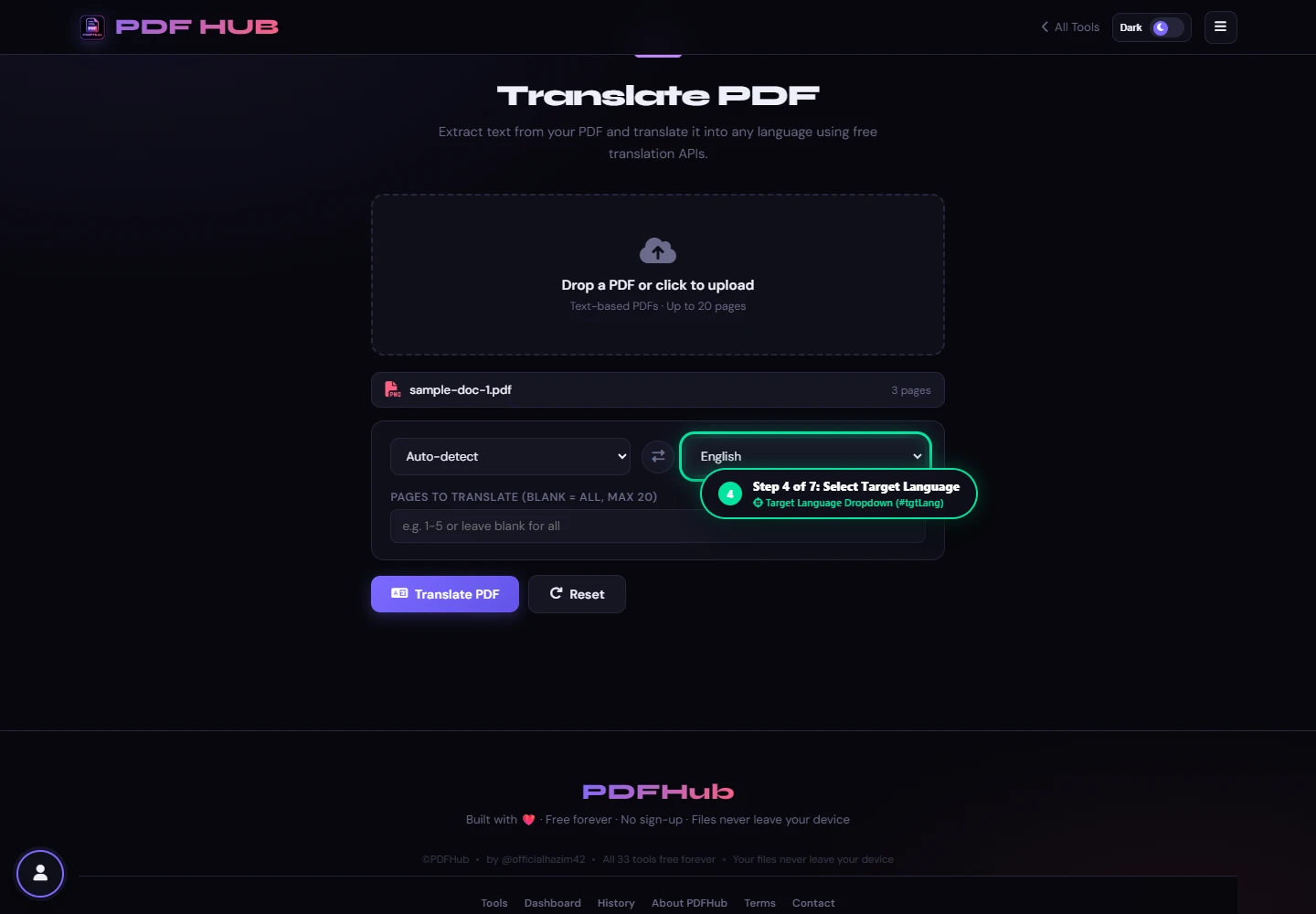 Translate PDF target language selector