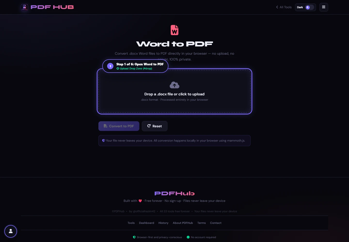 Word to PDF landing screen